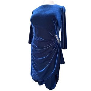 Alex Evenings Blue Velvet 3/4 Sleeves Dress with Gathered Embellished Detail 20W